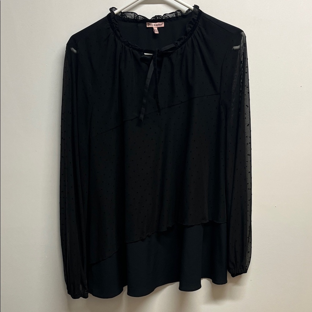 Juicy Coutire Black Sheer Blouse with Ruffle Neck and tie